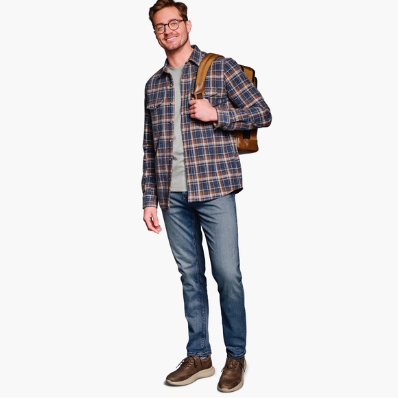 Johnston & Murphy Brushed Button Front Knit Shirt Navy Open Grid Plaid Medium - Picture 2 of 14